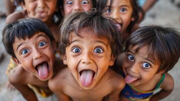 Children making silly and goofy faces, capturing the expressive gestures of their facial expressions photo