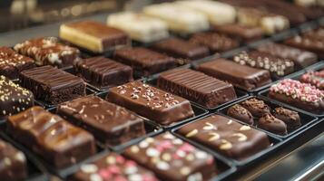 Chocolate desserts showcased at a patisserie. Gourmet pastries, including cakes and chocolate treats photo