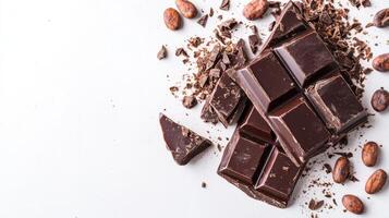 Chocolate bar broken into pieces with cocoa beans on white background photo