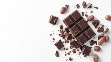 Chocolate bar broken into pieces with cocoa beans on white background photo