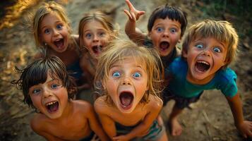 Children making silly and goofy faces, capturing the expressive gestures of their facial expressions photo