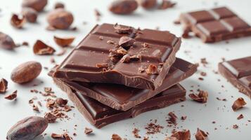 Chocolate bar broken into pieces with cocoa beans on white background photo