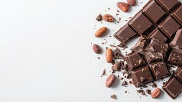 Chocolate bar broken into pieces with cocoa beans on white background photo