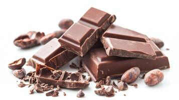 Chocolate bar broken into pieces with cocoa beans on white background photo