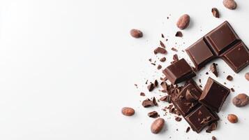 Chocolate bar broken into pieces with cocoa beans on white background photo