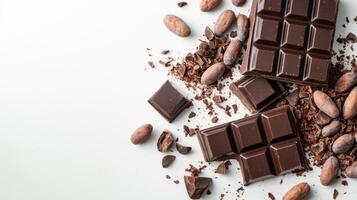 Chocolate bar broken into pieces with cocoa beans on white background photo