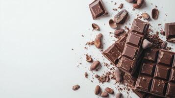 Chocolate bar broken into pieces with cocoa beans on white background photo