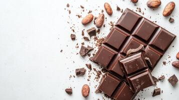 Chocolate bar broken into pieces with cocoa beans on white background photo