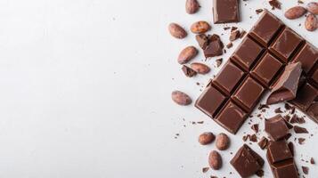 Chocolate bar broken into pieces with cocoa beans on white background photo