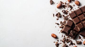 Chocolate bar broken into pieces with cocoa beans on white background photo