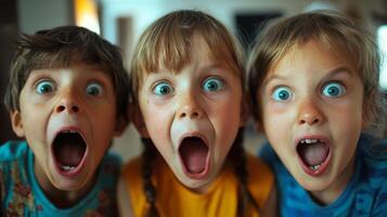 Children making silly and goofy faces, capturing the expressive gestures of their facial expressions photo