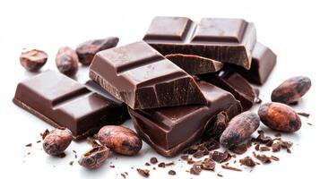 Chocolate bar broken into pieces with cocoa beans on white background photo
