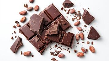 Chocolate bar broken into pieces with cocoa beans on white background photo