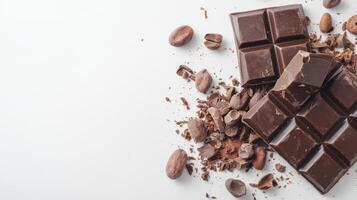 Chocolate bar broken into pieces with cocoa beans on white background photo