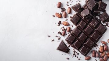 Chocolate bar broken into pieces with cocoa beans on white background photo