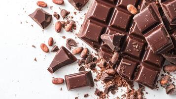 Chocolate bar broken into pieces with cocoa beans on white background photo