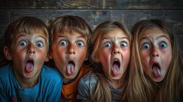 Children making silly and goofy faces, capturing the expressive gestures of their facial expressions photo