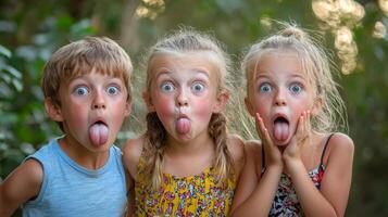 Children making silly and goofy faces, capturing the expressive gestures of their facial expressions photo
