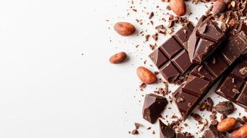 Chocolate bar broken into pieces with cocoa beans on white background photo