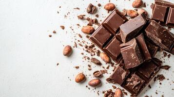 Chocolate bar broken into pieces with cocoa beans on white background photo