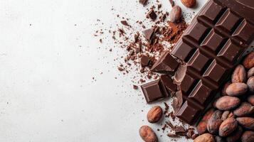 Chocolate bar broken into pieces with cocoa beans on white background photo