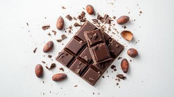 Chocolate bar broken into pieces with cocoa beans on white background photo