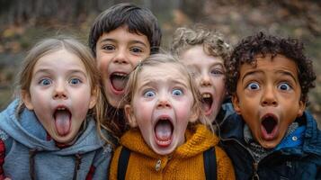 Children making silly and goofy faces, capturing the expressive gestures of their facial expressions photo