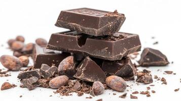 Chocolate bar broken into pieces with cocoa beans on white background photo
