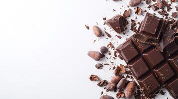 Chocolate bar broken into pieces with cocoa beans on white background photo