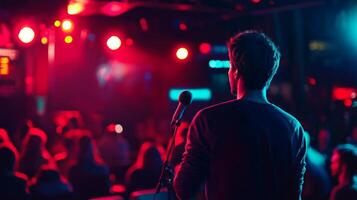 Comedian performing stand-up show on stage routine in comedy club photo