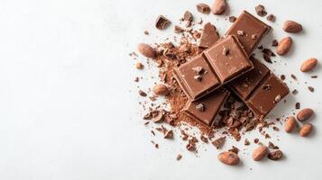 Chocolate bar broken into pieces with cocoa beans on white background photo