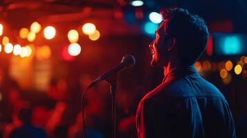 Comedian performing stand-up show on stage routine in comedy club photo