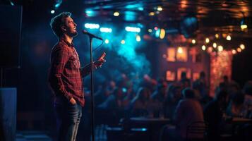 Comedian performing stand-up show on stage routine in comedy club photo