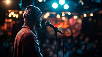 Comedian performing stand-up show on stage routine in comedy club photo