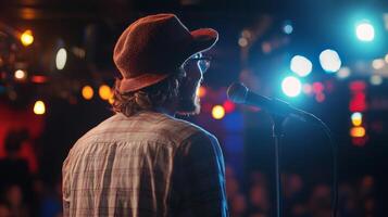 Comedian performing stand-up show on stage routine in comedy club photo