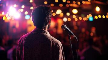 Comedian performing stand-up show on stage routine in comedy club photo