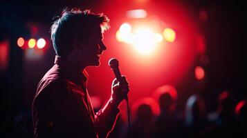 Comedian performing stand-up show on stage routine in comedy club photo