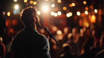 Comedian performing stand-up show on stage routine in comedy club photo