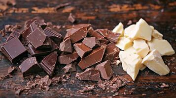 Dark, milk, and white chocolate varieties side by side. Chocolate pieces in diffrent color photo