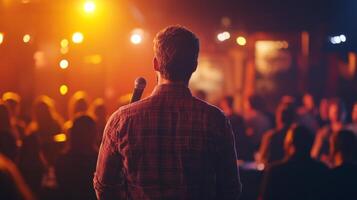 Comedian performing stand-up show on stage routine in comedy club photo