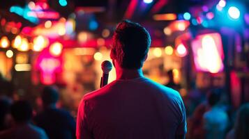Comedian performing stand-up show on stage routine in comedy club photo