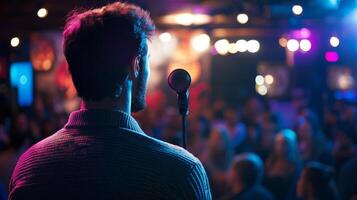 Comedian performing stand-up show on stage routine in comedy club photo
