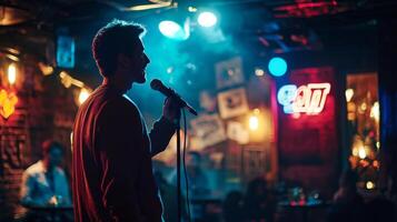 Comedian performing stand-up show on stage routine in comedy club photo