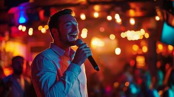 Comedian performing stand-up show on stage routine in comedy club photo