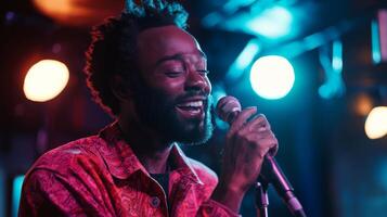 Comedian performing stand-up show on stage routine in comedy club photo