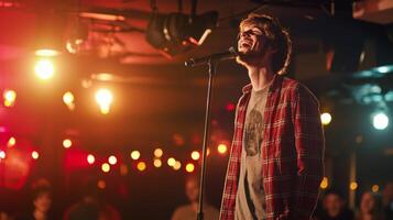 Comedian performing stand-up show on stage routine in comedy club photo