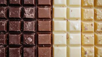 Dark, milk, and white chocolate varieties side by side. Chocolate pieces in diffrent color photo