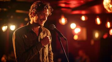 Comedian performing stand-up show on stage routine in comedy club photo