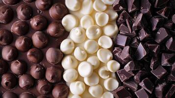 Dark, milk, and white chocolate varieties side by side. Chocolate pieces in diffrent color photo
