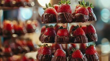 Chocolate-covered strawberries elegantly display, creating a luxurious and tempting dessert photo